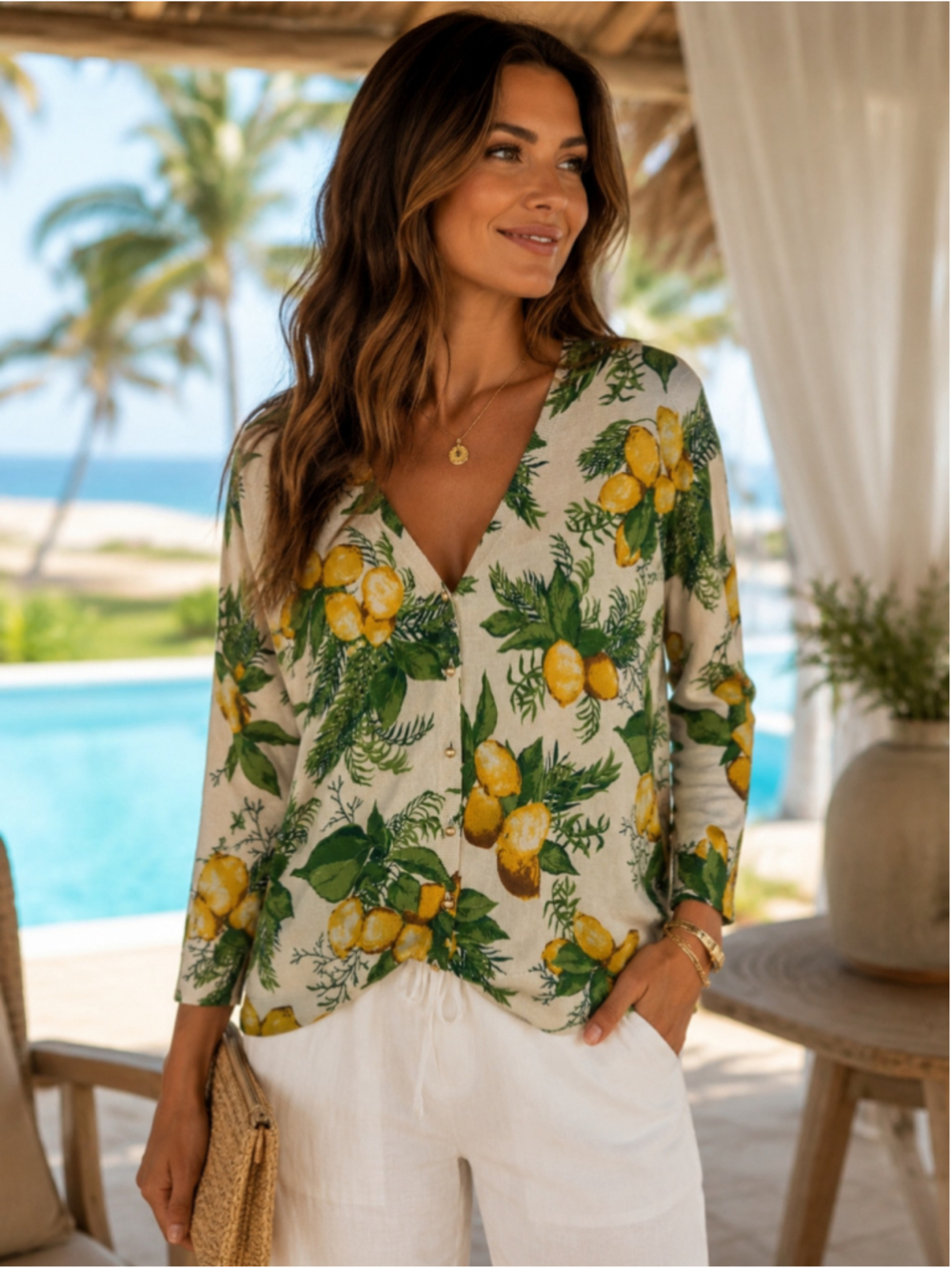 Women's Talbots Petite LP Cardigan Sweater Beige Green Lemon Print